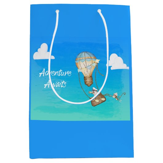 冒険が熱気球のサルの動物を待つ ミディアムペーパーバッグ (正面)