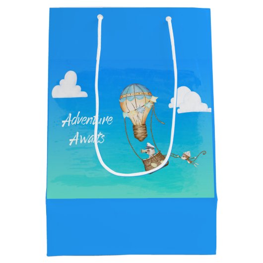 冒険が熱気球のサルの動物を待つ ミディアムペーパーバッグ (裏面)