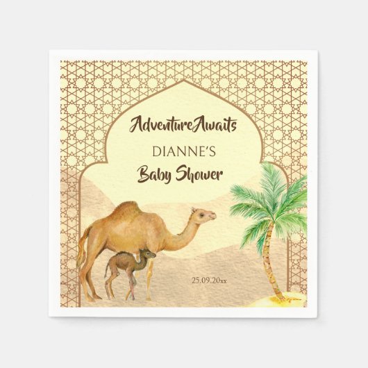 冒険が砂漠のベビーラクダ赤ちゃんシャワーを待つ スタンダードカクテルナプキン (正面)