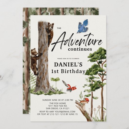 冒険が続くベアフォレスト1歳の誕生日 招待状 (正面/裏面)