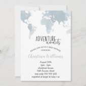 冒険が青い世界地図でボーイ·ベイビーシャワー 招待状 (正面)