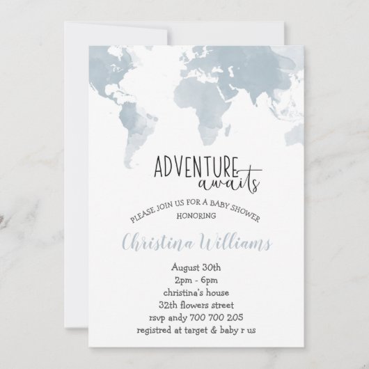 冒険が青い世界地図でボーイ·ベイビーシャワー 招待状 (正面)