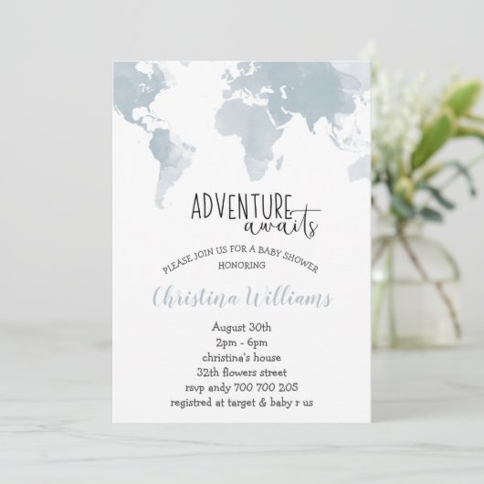 冒険が青い世界地図でボーイ·ベイビーシャワー 招待状 (スタンド正面)