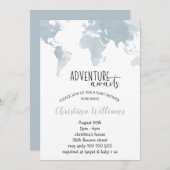 冒険が青い世界地図でボーイ·ベイビーシャワー 招待状 (正面/裏面)