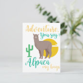 冒険って言った?アルパカマイバッグおもしろいトラベル ポストカード (スタンド正面)