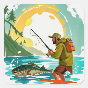 冒険で楽しむ：魚釣り至福の日 スクエアシール