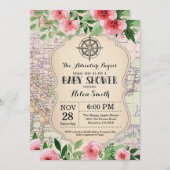 冒険のベビーシャワーのピンクの花の地図旅行世界 招待状 (正面/裏面)