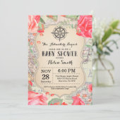 冒険のベビーシャワーの赤い花の地図旅行世界 招待状 (スタンド正面)