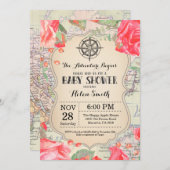 冒険のベビーシャワーの赤い花の地図旅行世界 招待状 (正面/裏面)