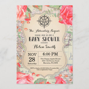 冒険のベビーシャワーの赤い花の地図旅行世界 招待状