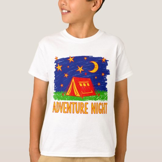 冒険の夜のキャンプテントの子供の絵 Tシャツ (正面)