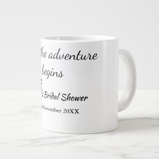 冒険の始まりを祝う ブライダルシャワーに名前を追加 ジャンボコーヒーマグカップ (正面右)