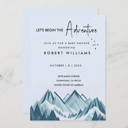 冒険の少年の赤ちゃんシャワーを始めよう 招待状 (正面/裏面)