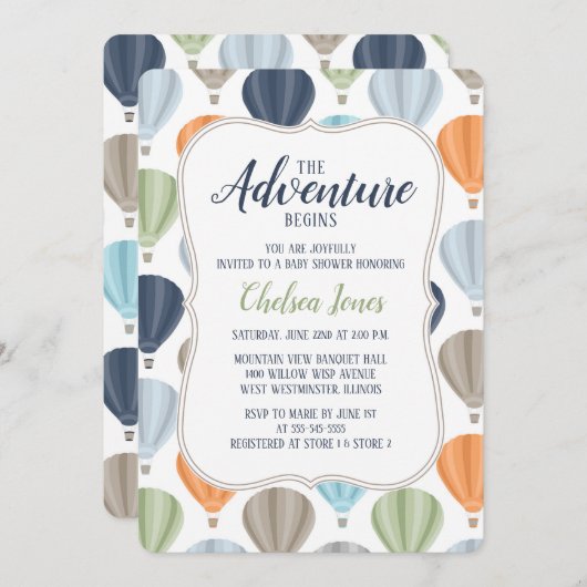 冒険の熱気の気球の男の子のベビーシャワー 招待状 (正面/裏面)