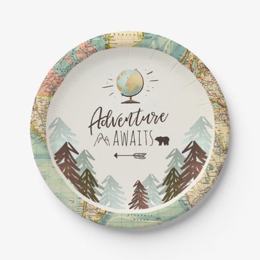冒険の紙皿旅行世界地図のシャワー ペーパープレート (正面)
