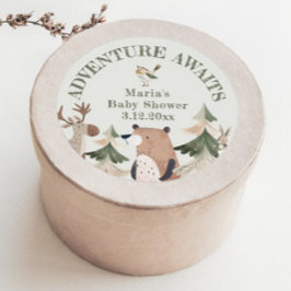 冒険はウッドランド動物のセージ赤ちゃんシャワーを待つ ラウンドシール