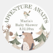 冒険はウッドランド動物の赤ちゃんシャワーを待つ ラウンドシール (正面)