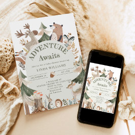 冒険はウッドランド動物アーチ赤ちゃんシャワーを待つ 招待状