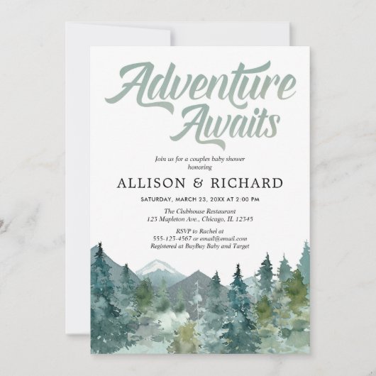 冒険はカップルのベビーシャワー山を待ちます 招待状 (正面)