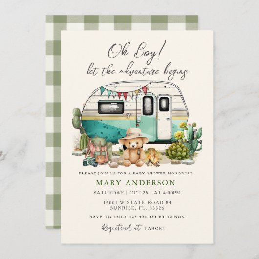 冒険はキャンパー夏の赤ちゃんシャワーを始める 招待状 (正面/裏面)