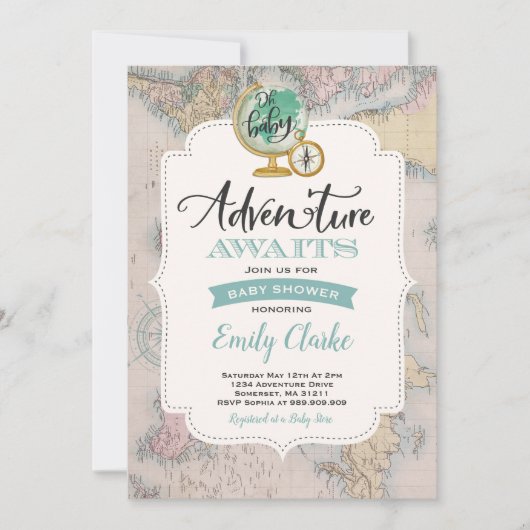 冒険はベビーシャワーの招待状の地図のシャワーを待ちます 招待状 (正面)