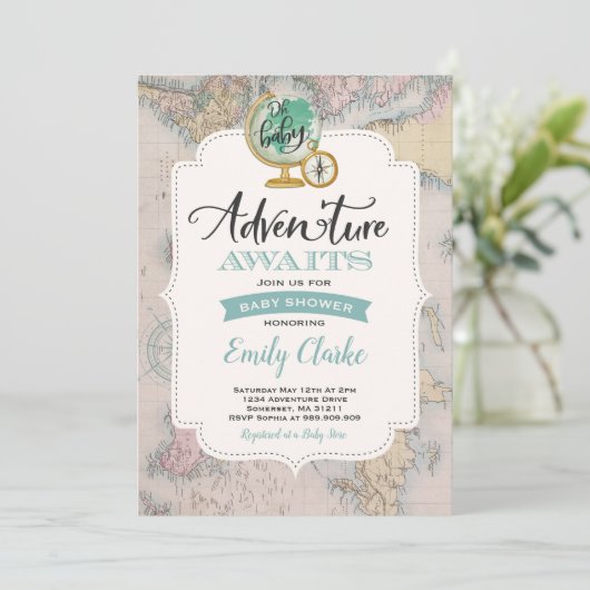 冒険はベビーシャワーの招待状の地図のシャワーを待ちます 招待状 (スタンド正面)