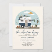 冒険はボーホブルーキャンパー赤ちゃんシャワーを開始 招待状 (正面)