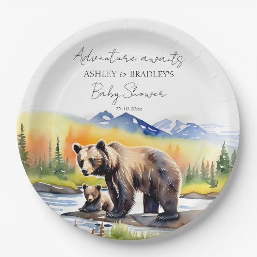 冒険はママの赤ちゃんシャワーとクマの子を待っている ペーパープレート (正面)