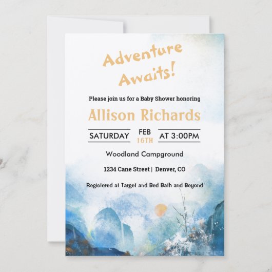 冒険は山の風景の赤ちゃんシャワーを待っている 招待状 (正面)