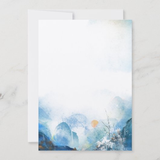 冒険は山の風景の赤ちゃんシャワーを待っている 招待状 (裏面)