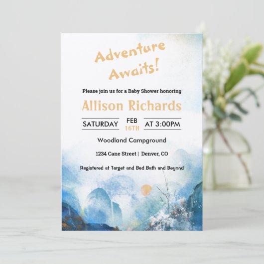 冒険は山の風景の赤ちゃんシャワーを待っている 招待状 (スタンド正面)