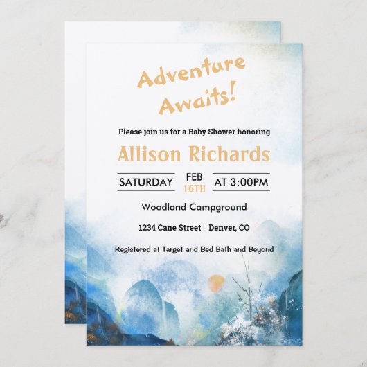 冒険は山の風景の赤ちゃんシャワーを待っている 招待状 (正面/裏面)