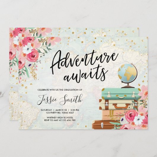 冒険は旅行卒業パーティーの学校を待ちます 招待状 (正面/裏面)