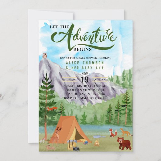 冒険は森の山の赤ん坊のシャワーを始める 招待状 (正面)