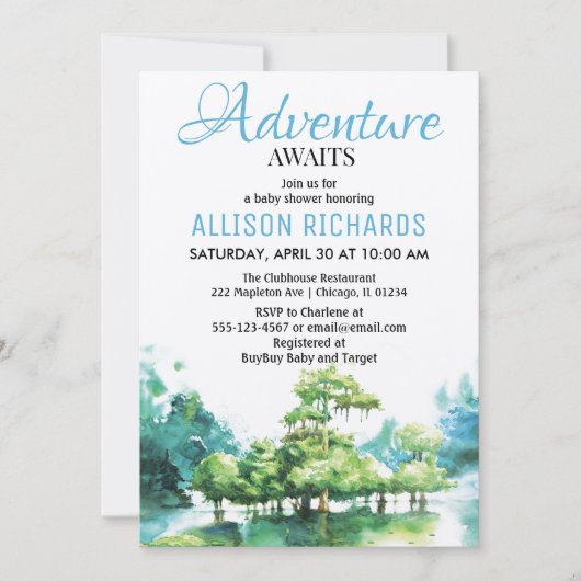 冒険は森の水の赤ちゃんシャワーを待つ 招待状 (正面)