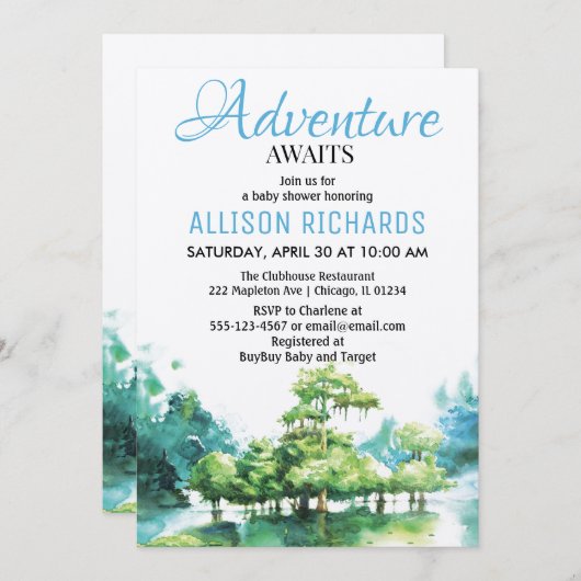 冒険は森の水の赤ちゃんシャワーを待つ 招待状 (正面/裏面)