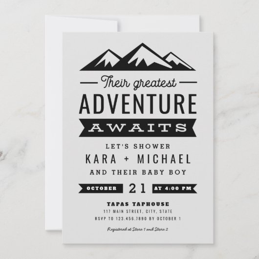 冒険は灰色のベビーシャワーの招待状を待ちます 招待状 (正面)