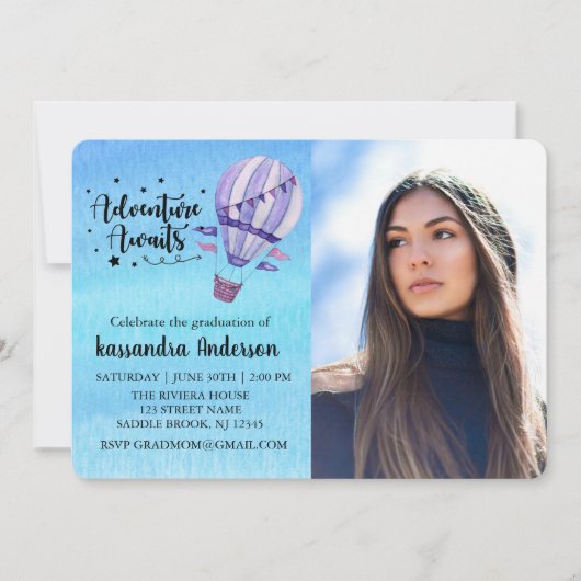 冒険は熱気の気球の写真の卒業を待ちます 招待状 (正面)