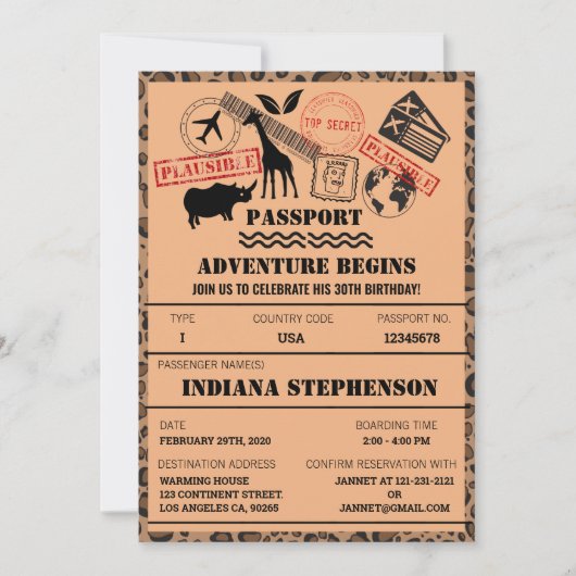 冒険は誕生日のサファリの世界の行先を始めます 招待状 (正面)