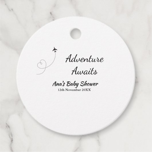 冒険は赤ちゃんシャワーを待っている名前の日付飛行機s フェイバータグ (正面)
