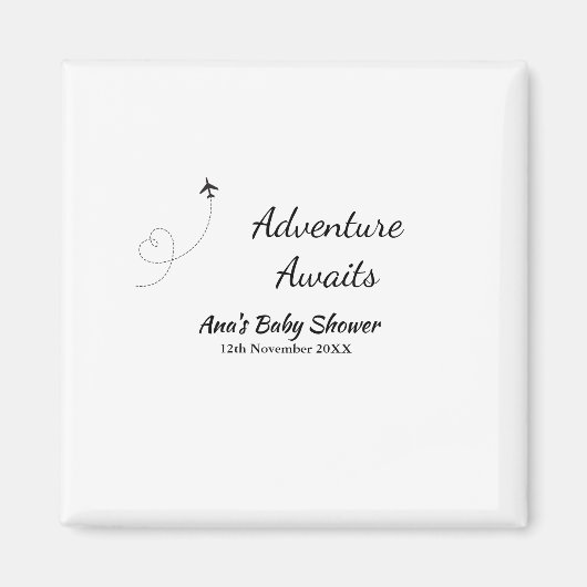 冒険は赤ちゃんシャワーを待っている名前の日付飛行機s マグネット (正面)