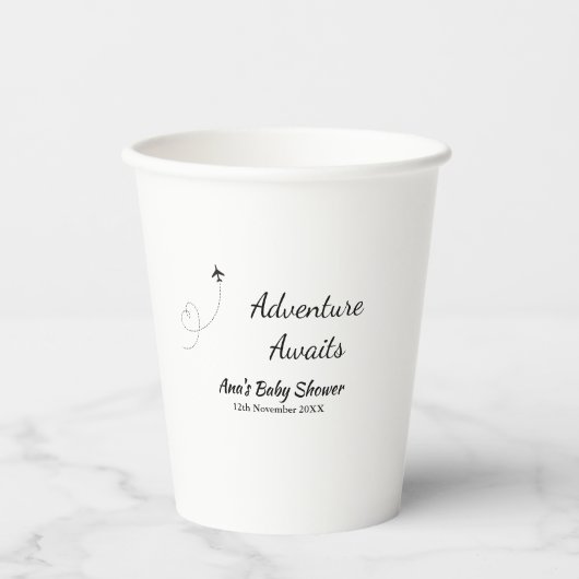 冒険は赤ちゃんシャワーを待っている名前の日付飛行機s 紙コップ (正面)