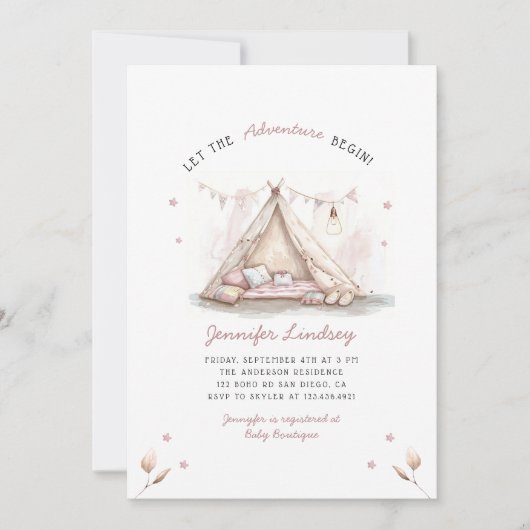 冒険を始めよう女の子の赤ちゃんシャワー 招待状 (正面)