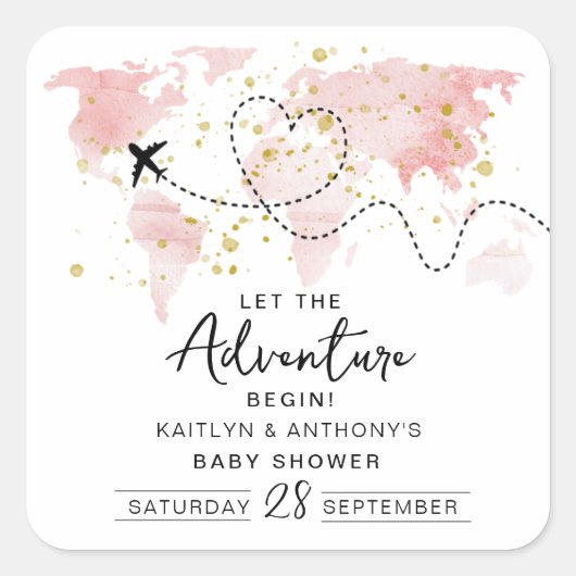 「冒険を始めよう!」 旅行マップ赤ちゃんシャワー スクエアシール (正面)