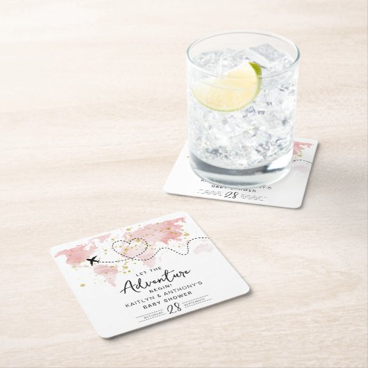 「冒険を始めよう!」 旅行マップ赤ちゃんシャワー スクエアペーパーコースター (インサイチュ)