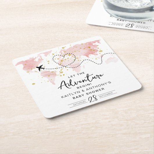 「冒険を始めよう！」 旅行マップ赤ちゃんシャワー スクエアペーパーコースター (アングル)