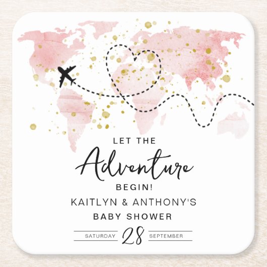 「冒険を始めよう!」 旅行マップ赤ちゃんシャワー スクエアペーパーコースター (正面)