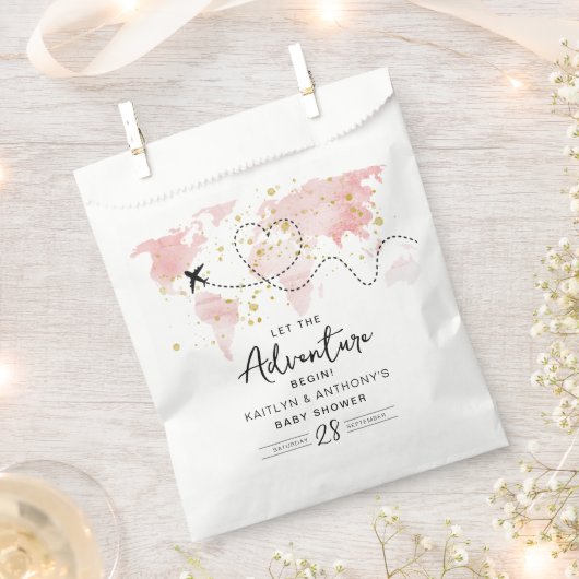 「冒険を始めよう！」 旅行マップ赤ちゃんシャワー フェイバーバッグ (クリップ留めされた状態)