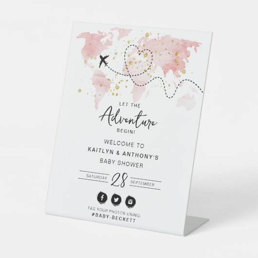 「冒険を始めよう！」 旅行マップ赤ちゃんシャワー 台座サイン (正面)