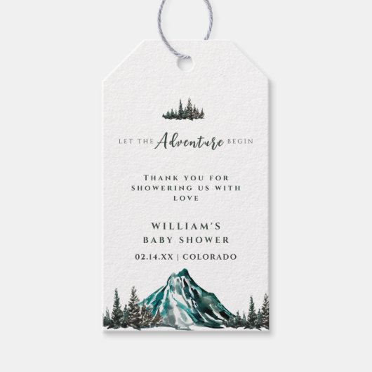 冒険を始める山の松の赤ちゃんシャワー ギフトタグ (正面)